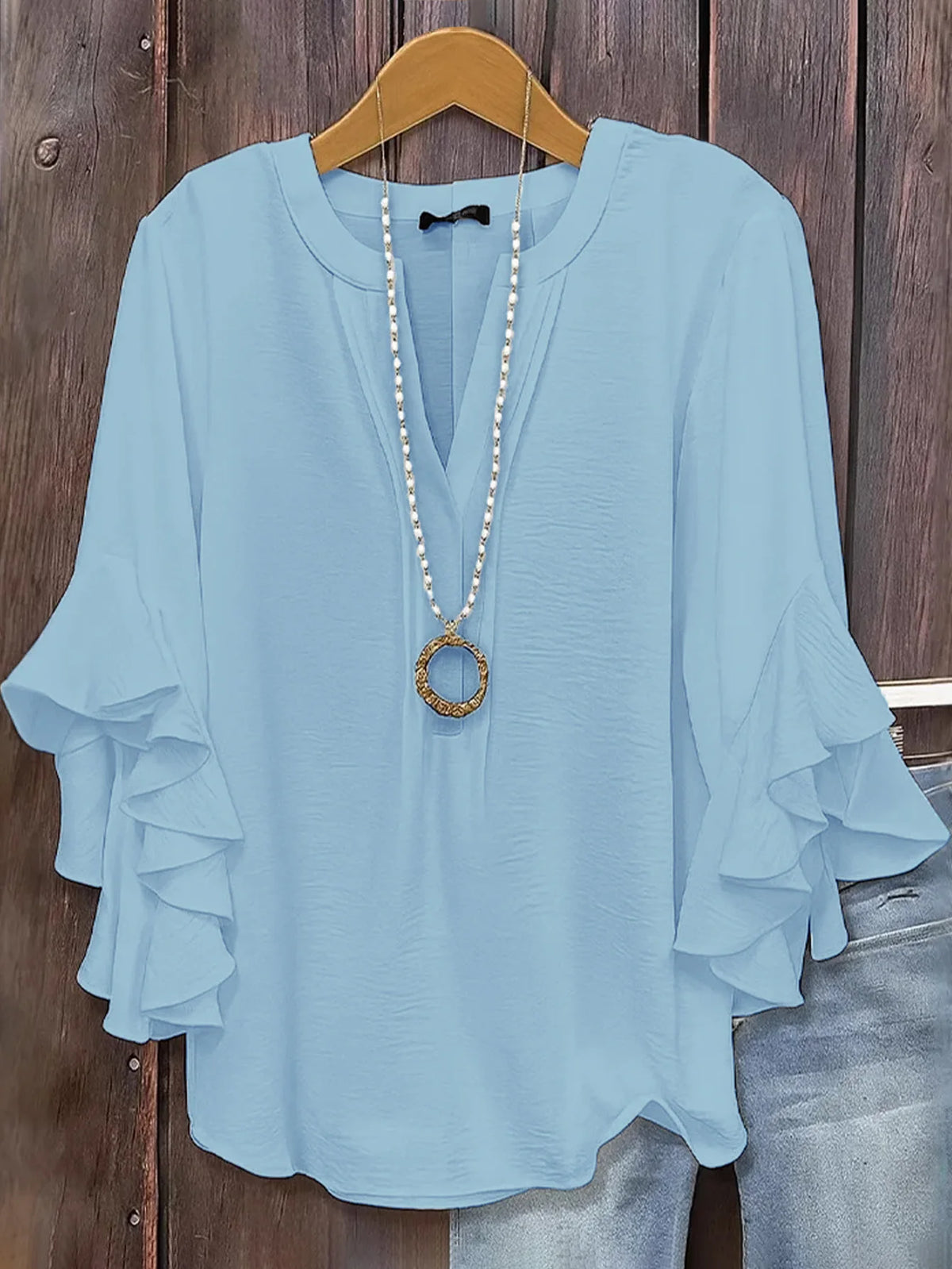 Women's V Neck Ruffle Sleeve Blouse Split Neck Layered Flare Cuff