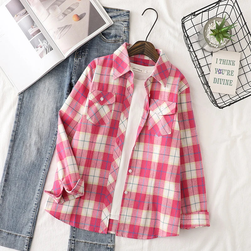 Cotton Flannel Plaid Shirts Women 2024 Autumn New Female Casual Slim