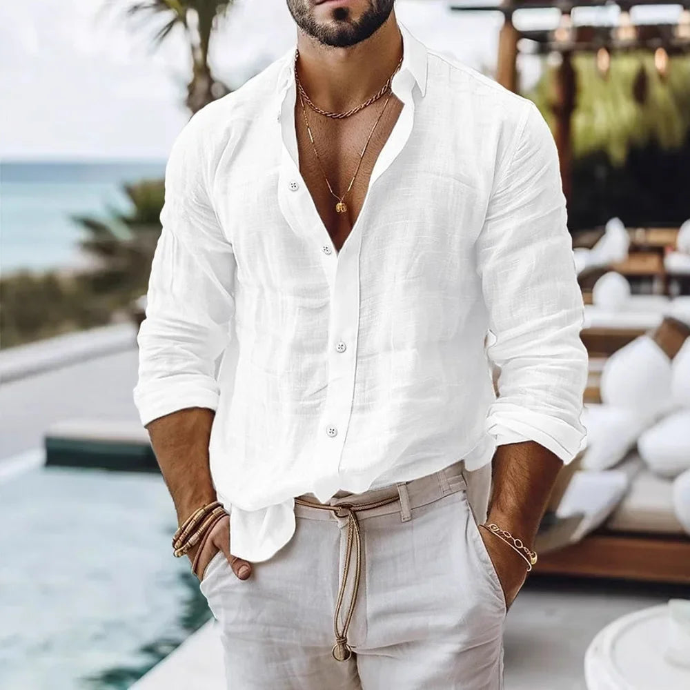 Cotton Linen Shirt for Men Summer Beach Style Solid Color Single
