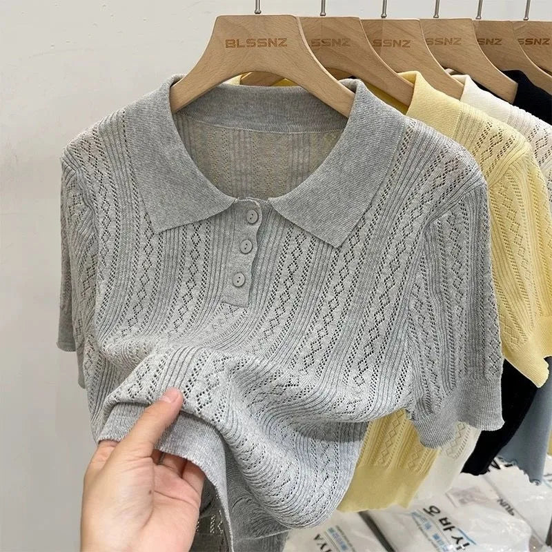 Women's Summer Thin Knit Polo Shirt Hollow-Out Short Sleeve Top