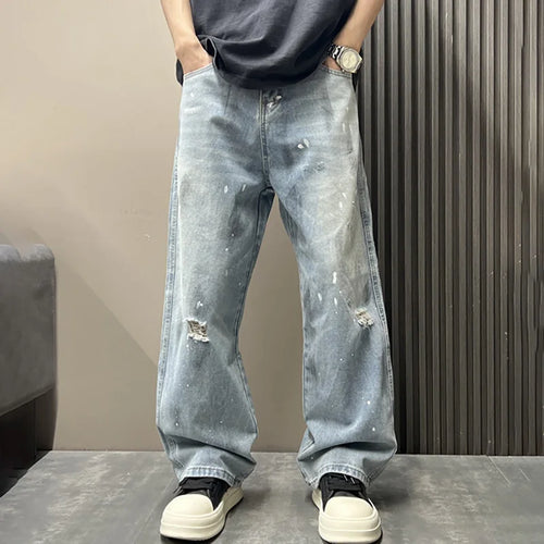 Korean Men'S Splashed Ink Jeans Casual Loose High Street Summer Ripped
