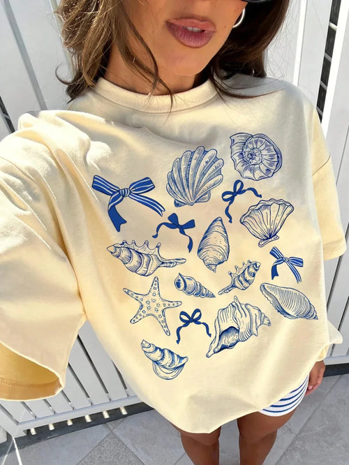 Summer American Retro Y2k Marine Animal Conch Bow Pattern T-shirt