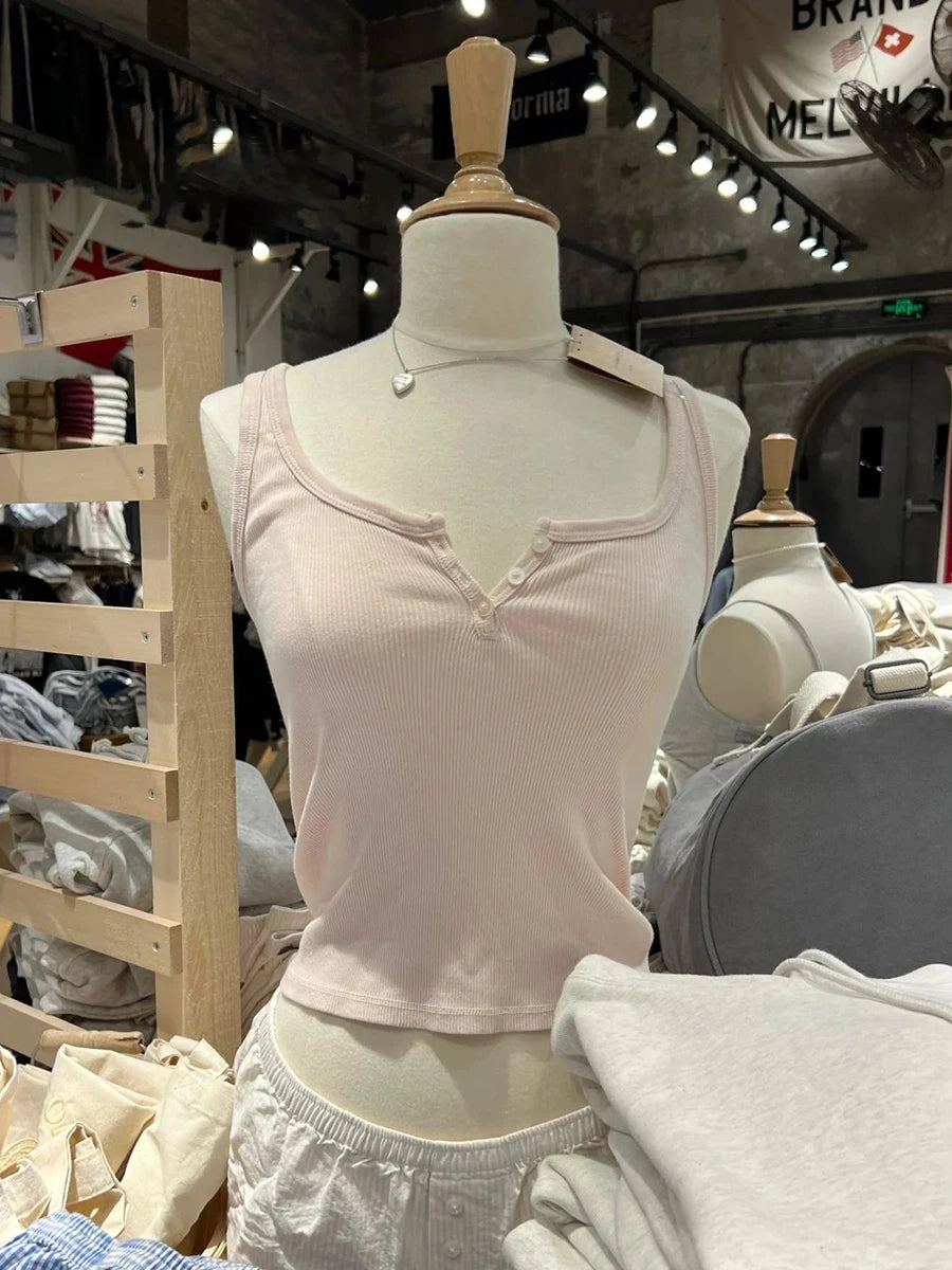 Sweet Pink Ribbed Basic Crop Top Women Summer Three Buttons Sleeveless