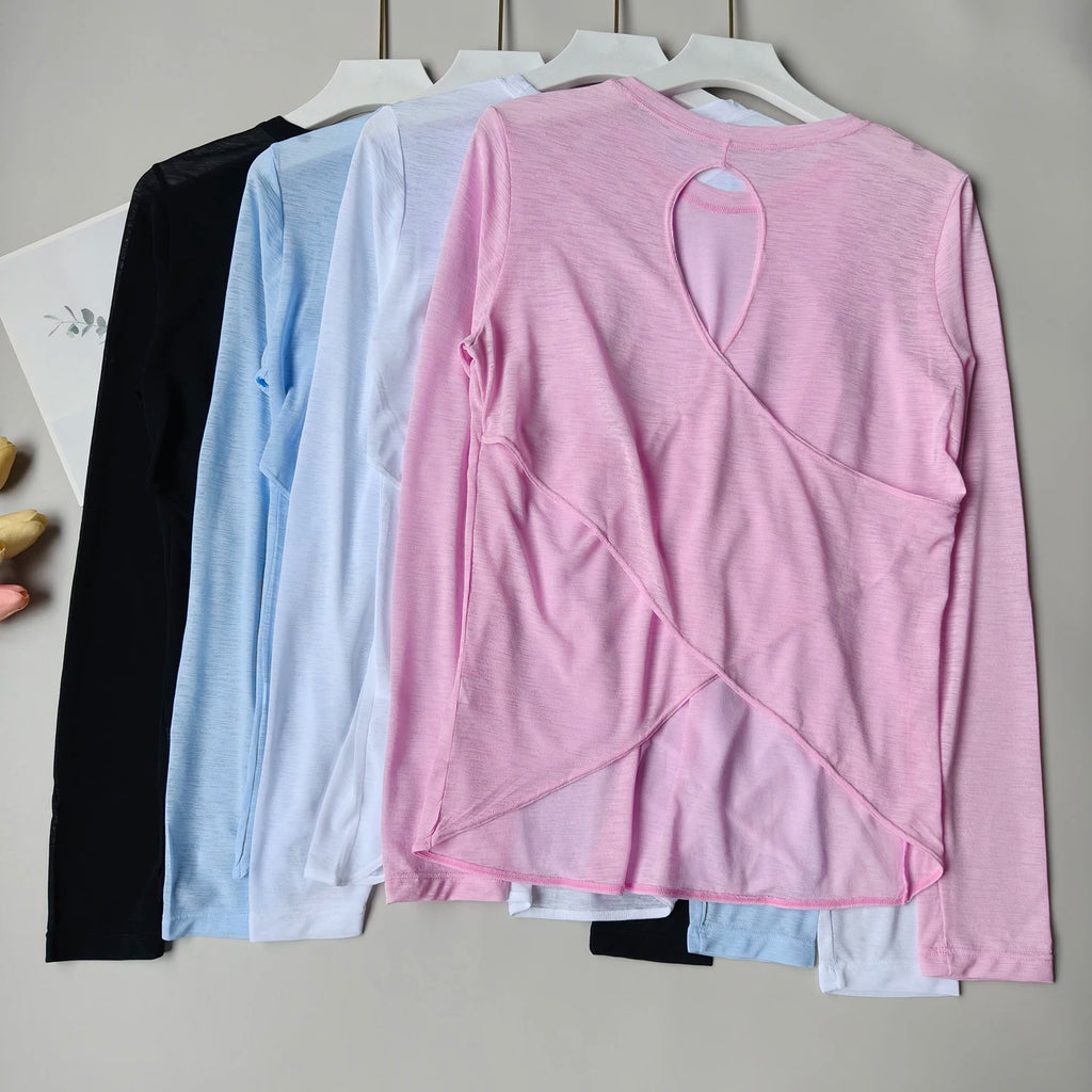 Women Backless Loose Yoga T-shirts Summer Round Collar Long Sleeve