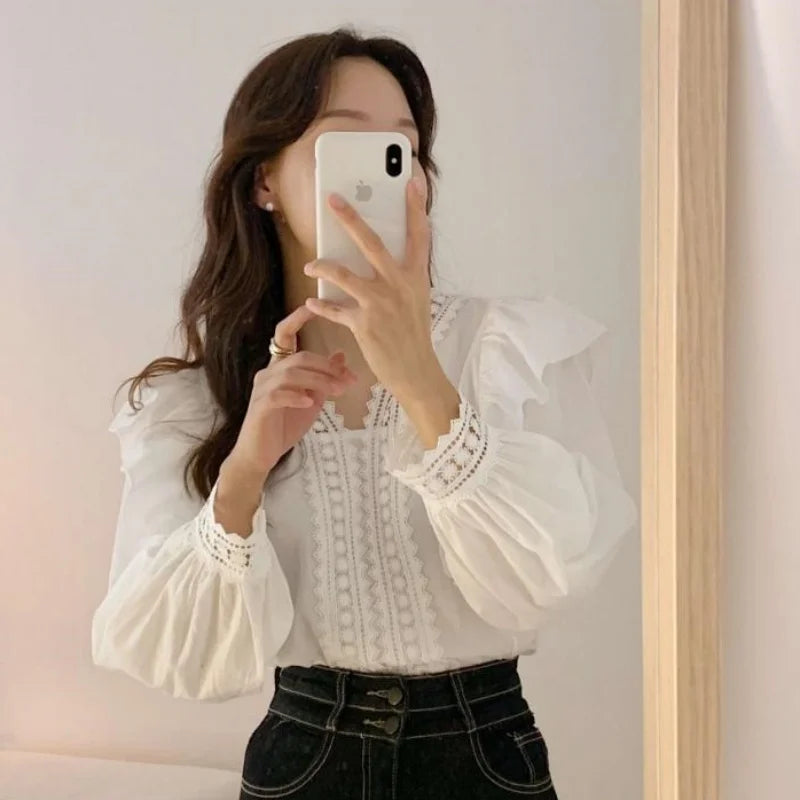 V-neck Ruffles Puff Sleeve Women Blouse Long Sleeve Tops Long Sleeve