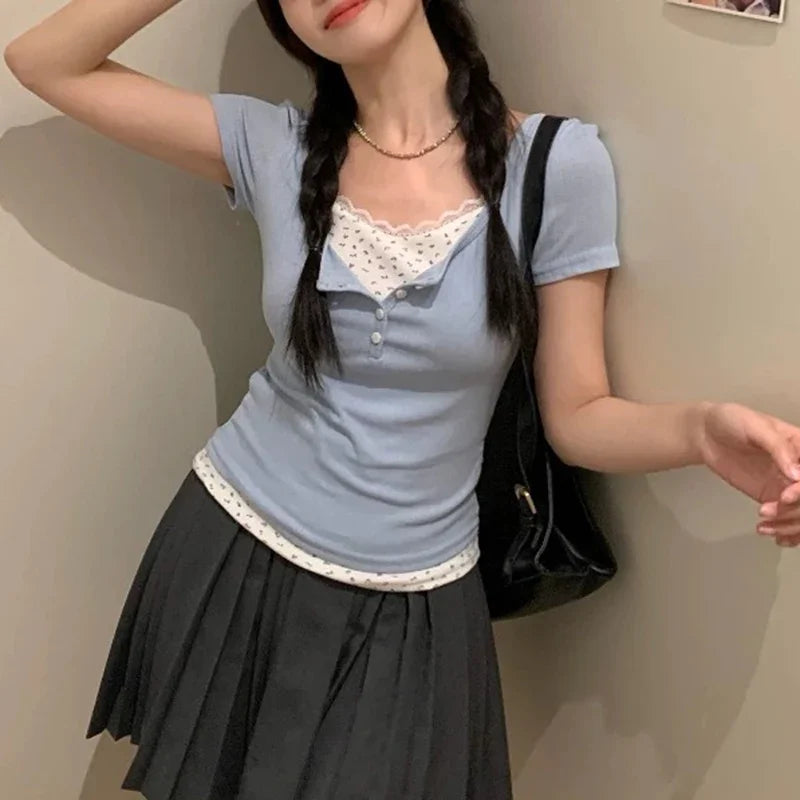 Women Soft Floral Lace Summer Blouse Lady Sweet Button Slim Fit 2024