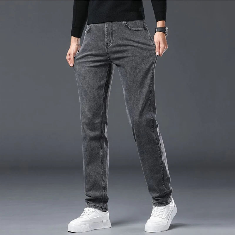 Spring New Men's Slim Fit Elastic Jeans Fashion Gray Comfortable