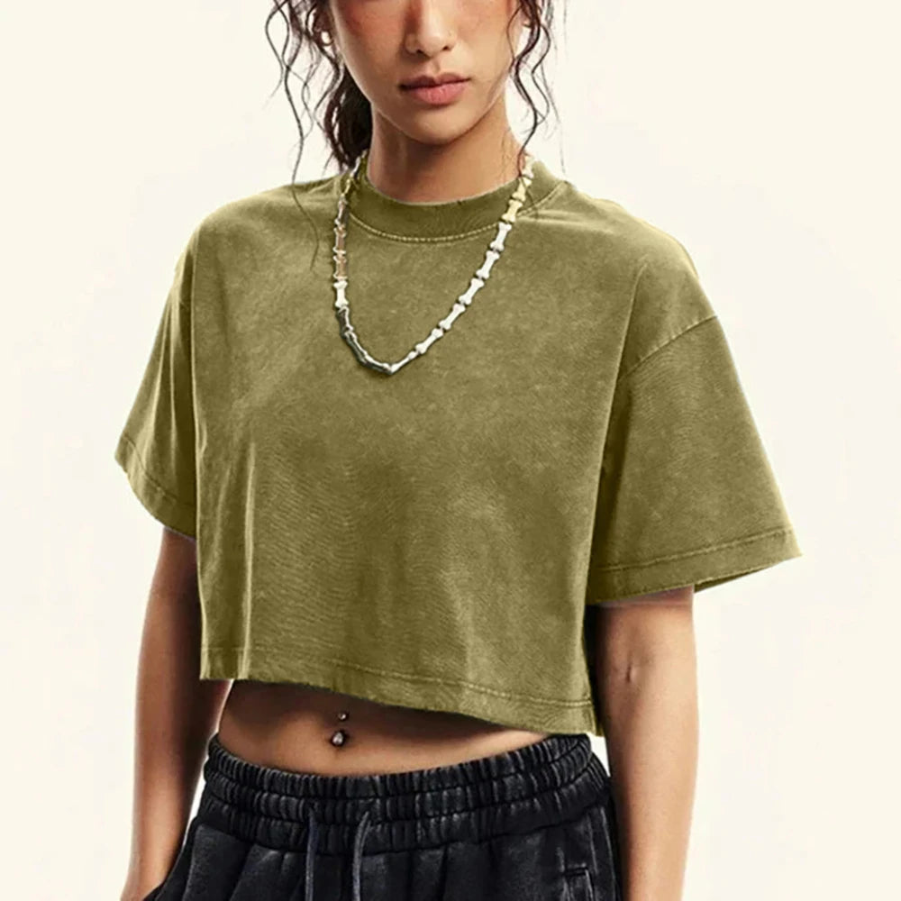 Solid Slim Washed T-Shirt Female Fashion Soft Cotton Streetwear Casual