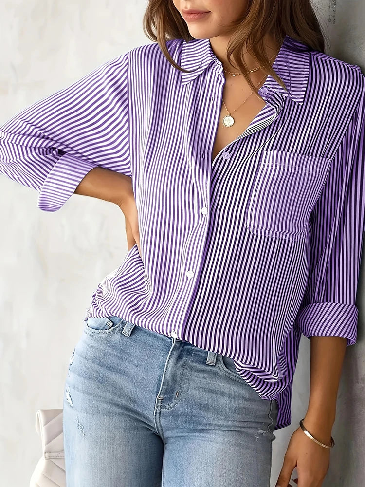 Women Long Sleeve Striped Loose Shirt Office Lady Elegant Turn Down