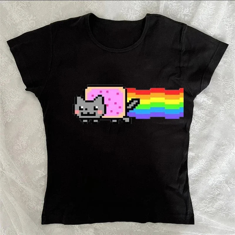 Cute 2000s Aesthetic Letter Print T-Shirt Y2K Women's Star Tops