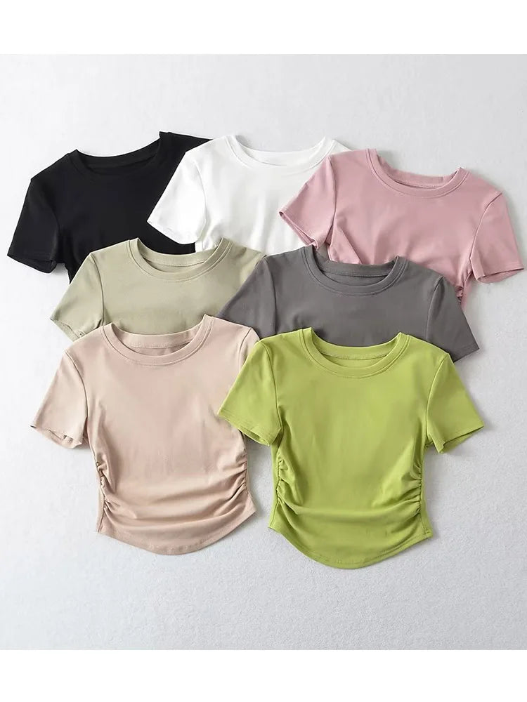 2024 Harajuku Women Crew Neck Short Sleeve Cotton Tee With Ruched