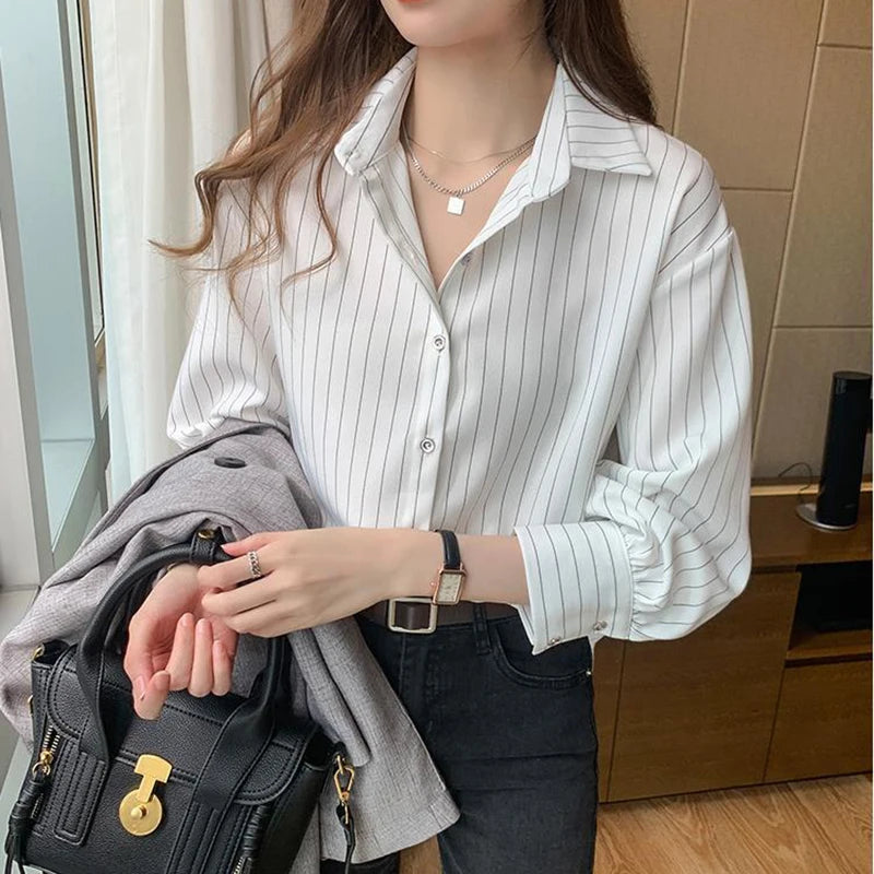 Striped Shirt Women Summer Vintage Chic Loose Long Sleeve Top Y2K