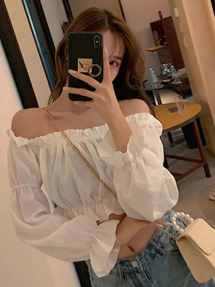 Women Top Sexy Blouse Off Shoulder Top Long Sleeve Solid Color White