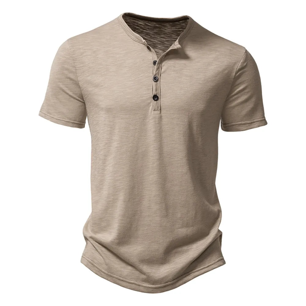 Henley Collar Summer Men Casual Solid Color Short Sleeve T Shirt for