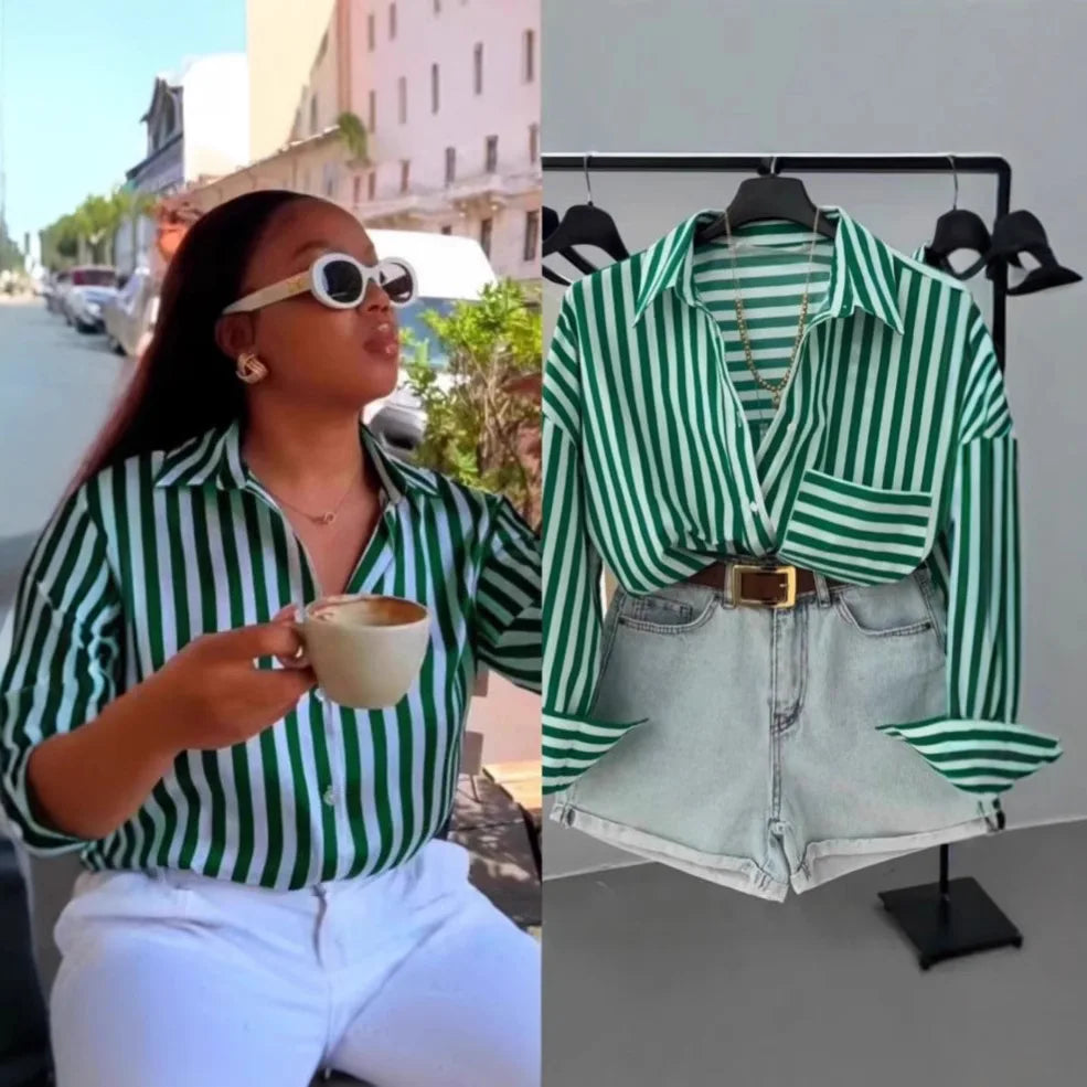 Striped Button Down Shirt Women's Loose Fit Turn Down Collar Casual