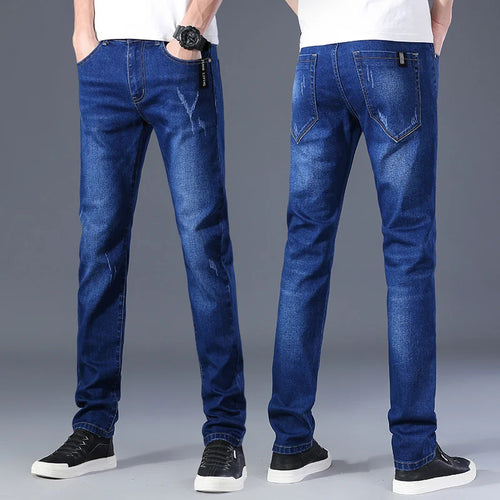 Men Business Casual Straight Narrow Leg Jeans Light Blue Gray Stretch