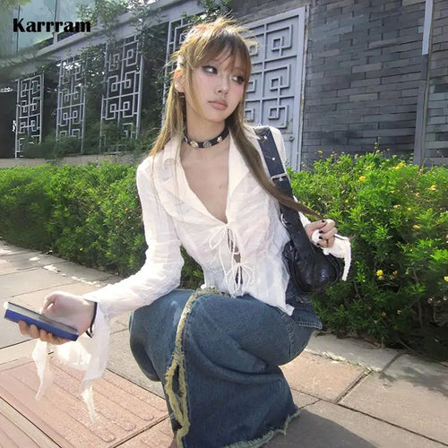 Karrram Y2k Aesthetics Pleated Shirt Fairycore Lace Up Blouse Trashy