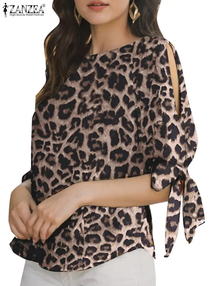 ZANZEA Summer Leopard Printed Blouse Women Elegant Half Sleeve Work