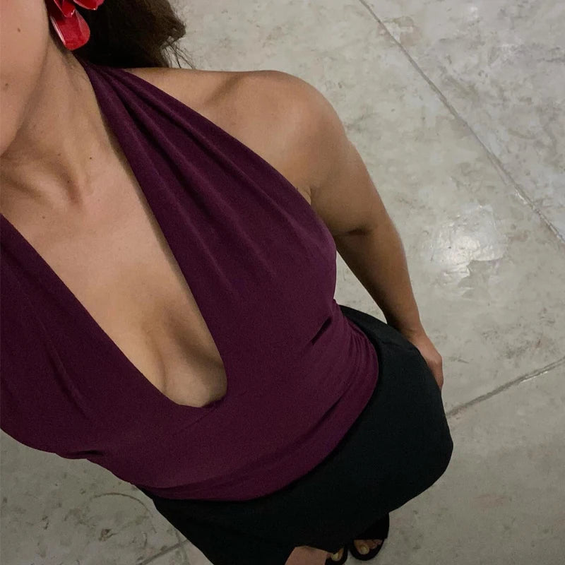 HXAO Halter Top Women Off Shoulder Deep V-Neck Crop Top y2k Sexy