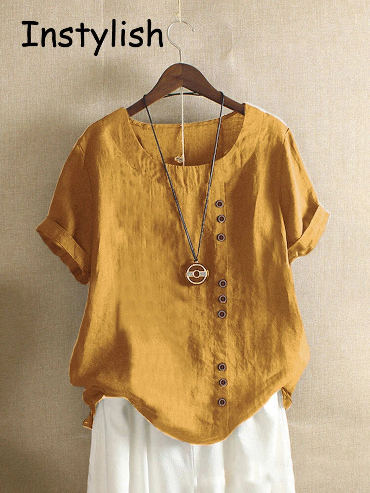 Vintage Harajuku Button T Shirt Casual Summer Short Sleeve Cotton