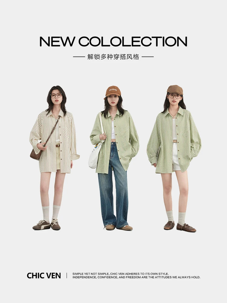 CHIC VEN Women Shirt Single Breasted Loose Casual Vertical Striped