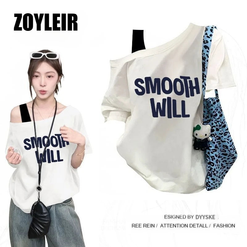 Elegant Summer One Shoulder T Shirt Women Fake Two-piece Oversize