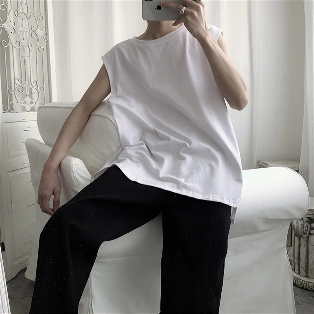 Men's solid color casual sleeveless tank top round neck moisture