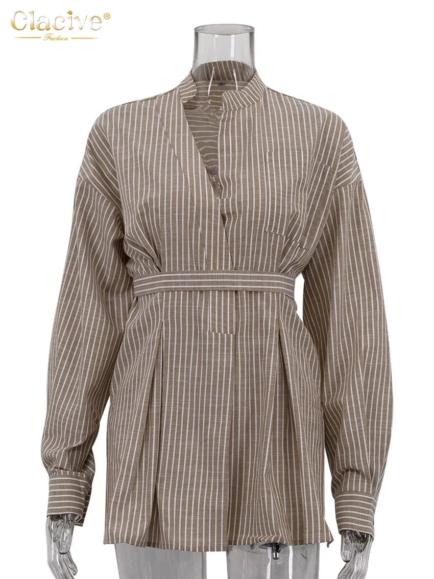 Clacive Vintage Loose Brown Stripe Women Shirts 2025 Fashion Stand