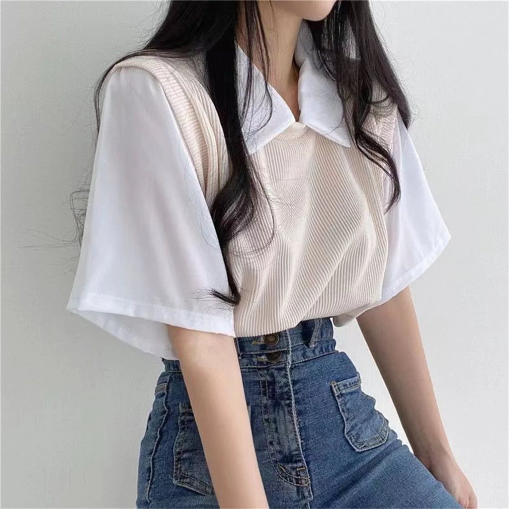 Summer Academy Style Color Blocking Polo Collar Top Fake Two-piece