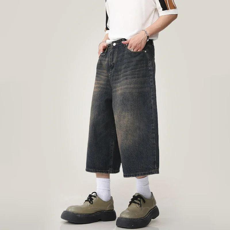 Summer Men Capri Short Jeans Male Fashion Retro Blue Denim Mid Pants