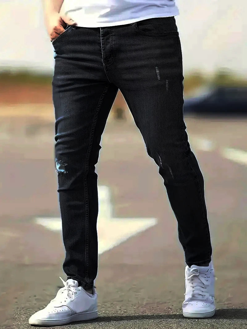 Men's American Retro Hole-Punched Stretch Slim Fit Jeans Zipper Casual