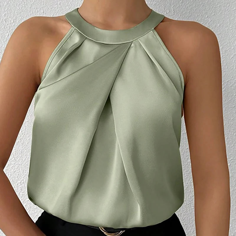 Summer Women's High End Satin Tank Shirt New Color Silk Blouse Round