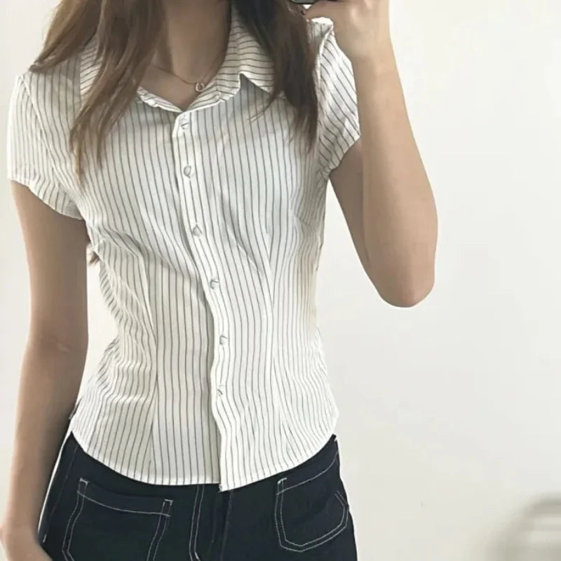 Women Short Sleeve Button Down Fitted Shirts Striped Print Slim