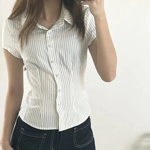 Women Short Sleeve Button Down Fitted Shirts Striped Print Slim