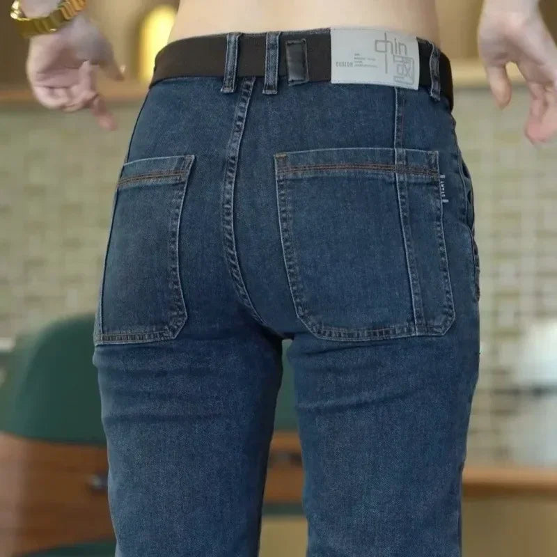 Spring Summer Thin Six Pocket Men's Jeans Elastic Straight Leg Casual