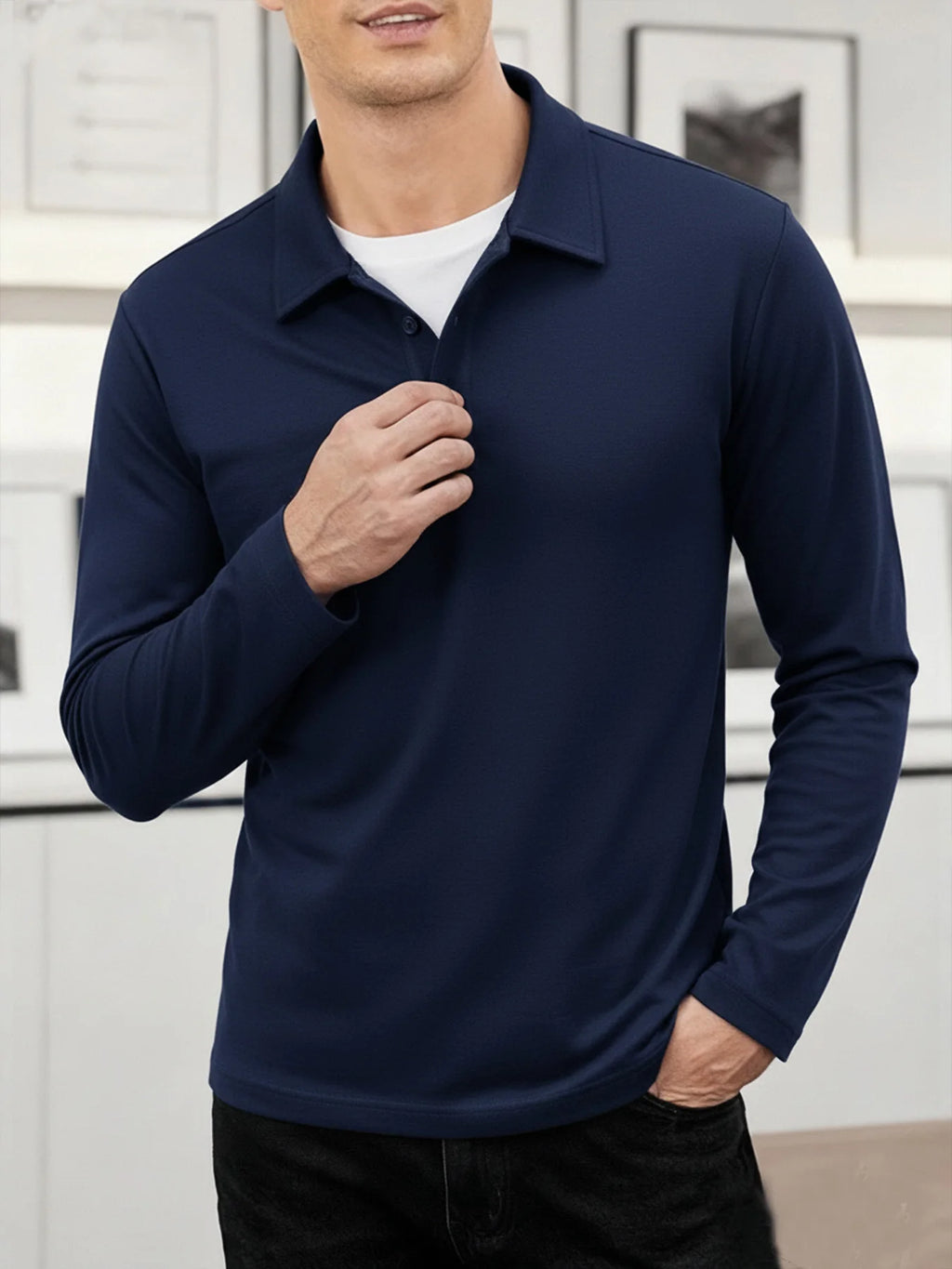 Men's Business Casual Long Sleeve Polo T-shirt Spring Summer Solid