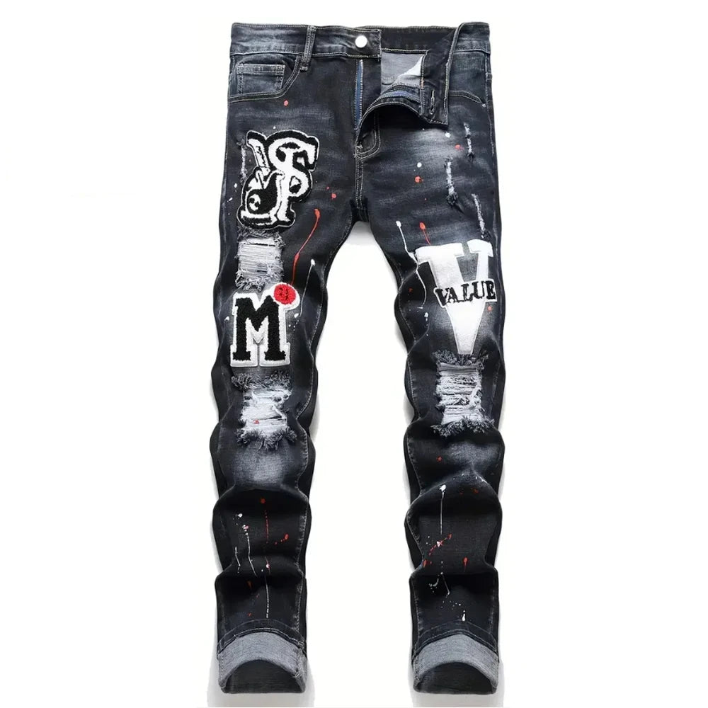 Men y2k Stretchy Denim jeans Ripped Skinny Letter Print elastic waist
