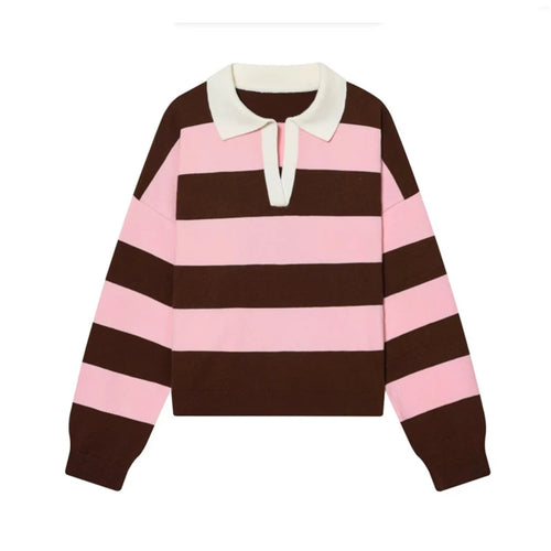 Spring 2026 Women's Polo Neck Knitted Sweater Fashion Stripes Loose