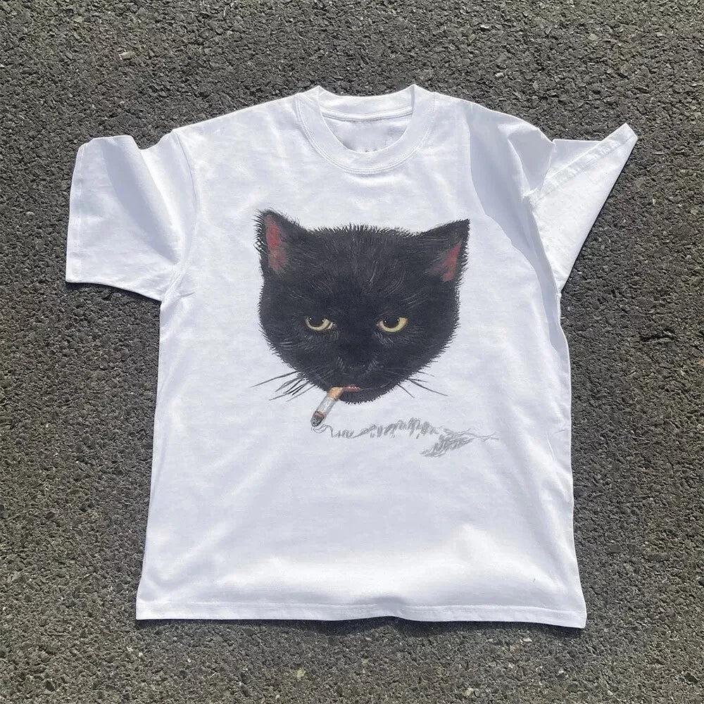 Y2k Smocking Cat Graphic Print Punk 90s Grunge Retro Rock Hip-hop