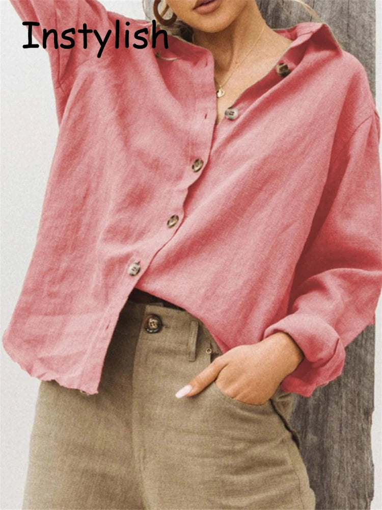 Women Vintage Harajuku Button Up Shirt Casual Long Sleeve Solid Cotton