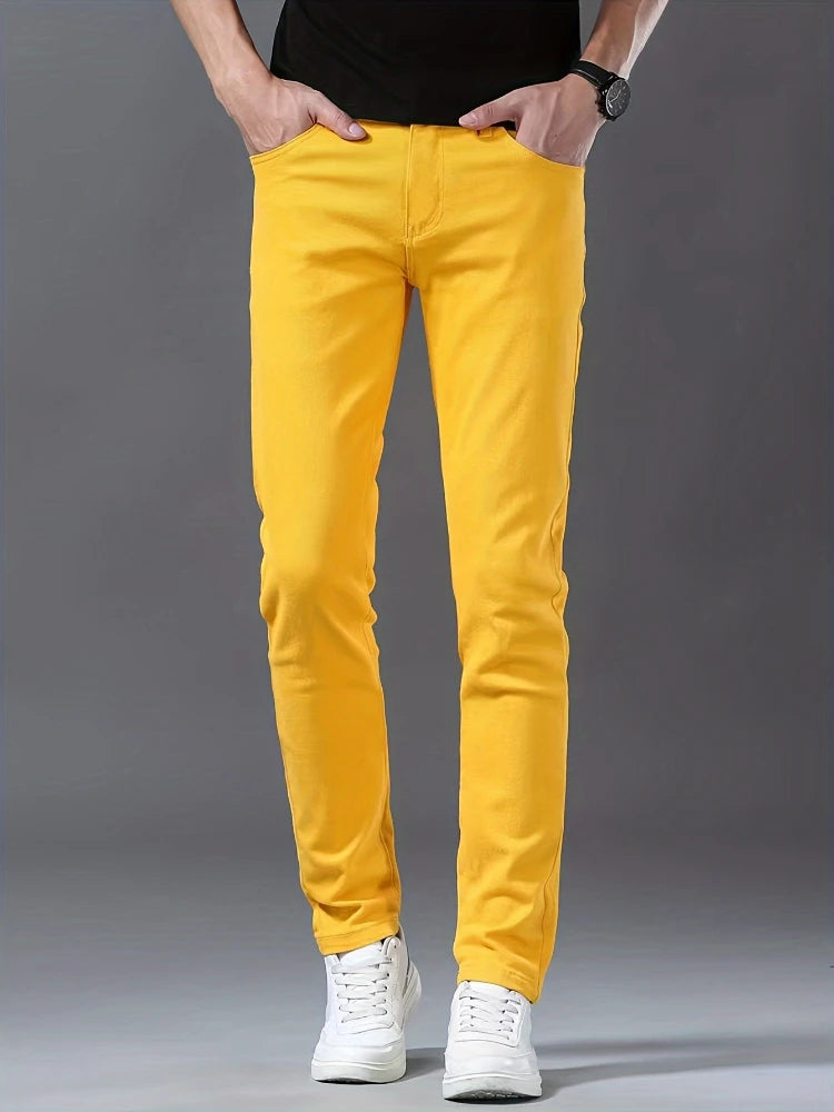 Bright Yellow Straight Leg Jeans Men Hip Hop Streetwear Casual Denim