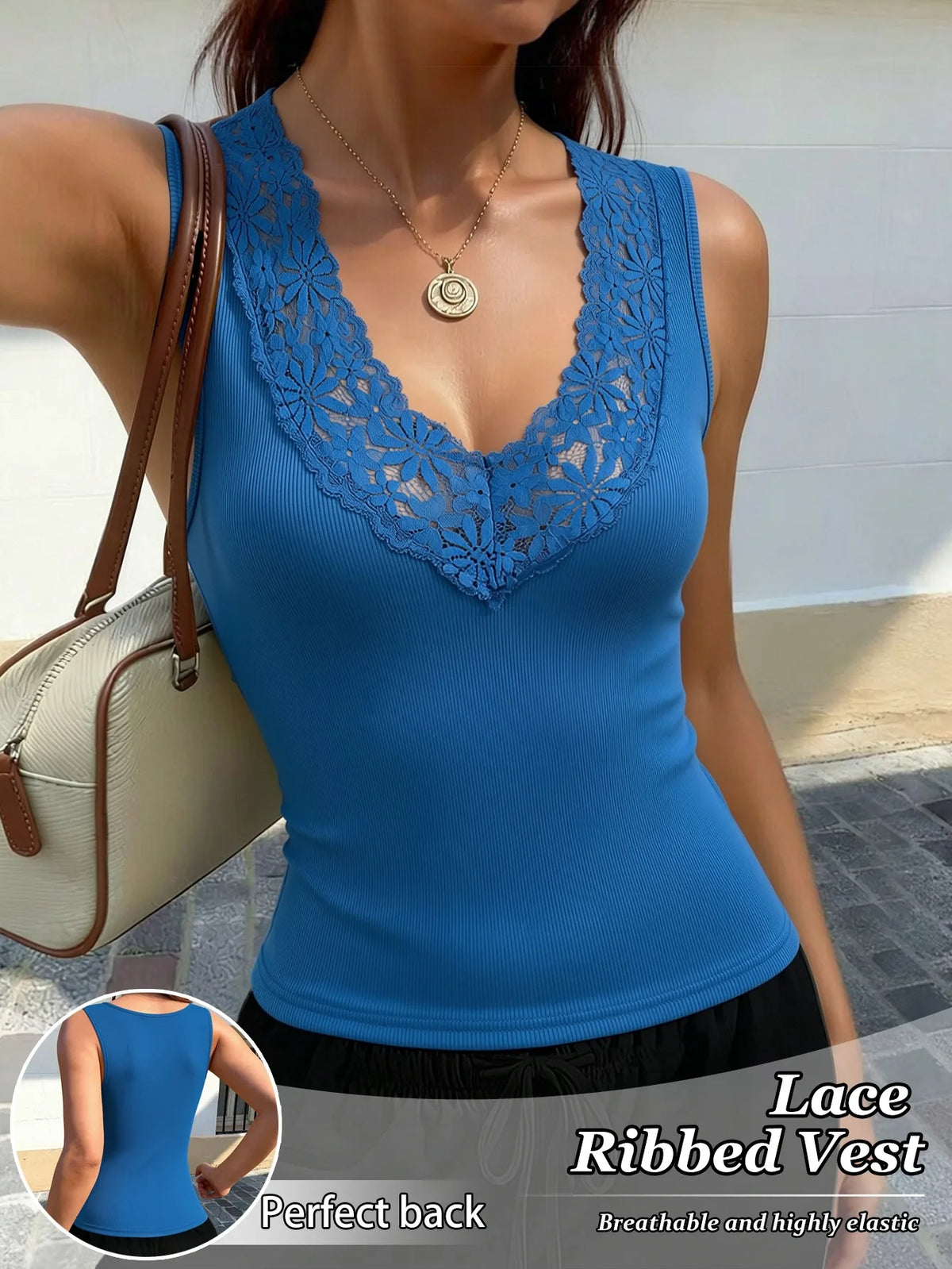 Women Lace V Neck Ribbed Tank Top Sleeveless Solid Color Casual Vest