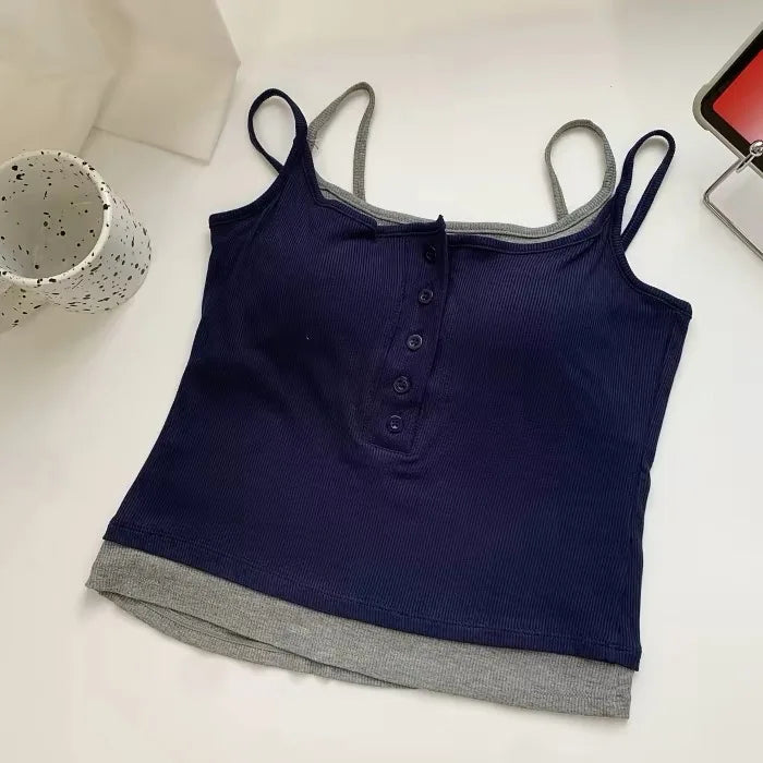 Yoga Tank Top, One-piece Mock Two-piece Sports Tank Top With Push-up