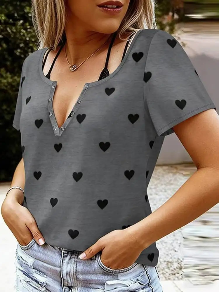 Womens Fashion T-Shirt Spring Summer Gray Heart Print Henley Neck One