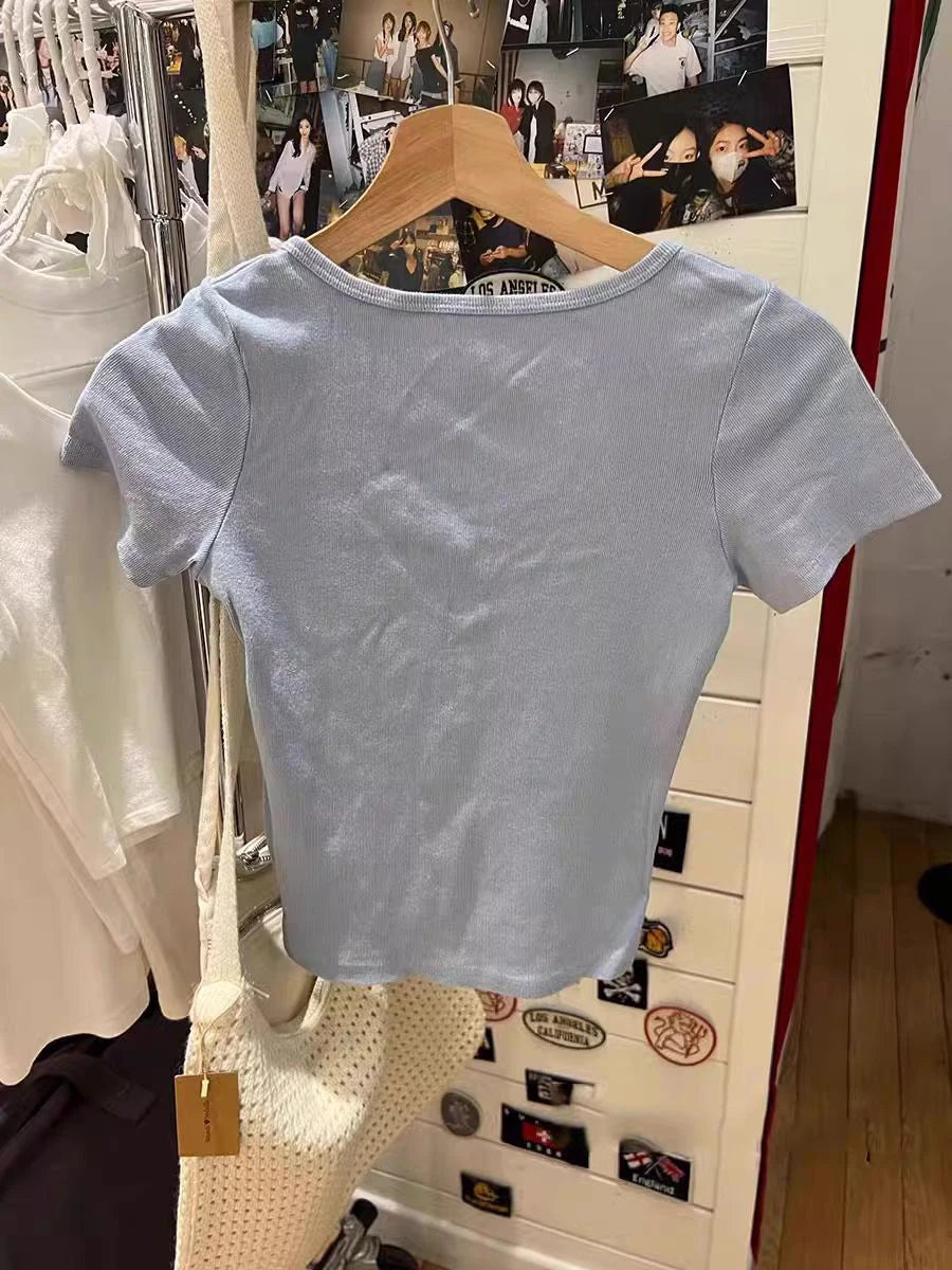 New Blue Three Buttons Slim Crop Top Summer O-neck Cotton Short Sleeve