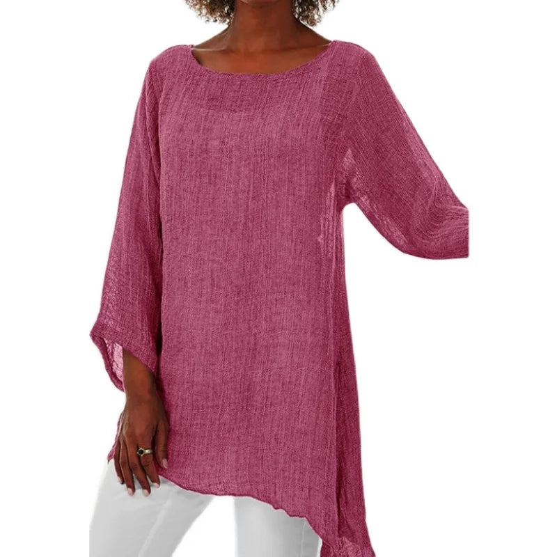 Hot Blouse Women Solid Color Cotton Linen O-Neck Long Sleeve Irregular