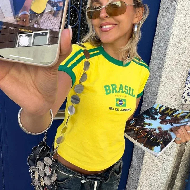 Womens Aesthetic BRASIL Letter Print T-Shirt and Shorts Suit, Vintage