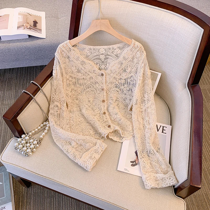 Sheer Crochet Top Long Sleeve Button Front V-Neck Open-knit Embroidery