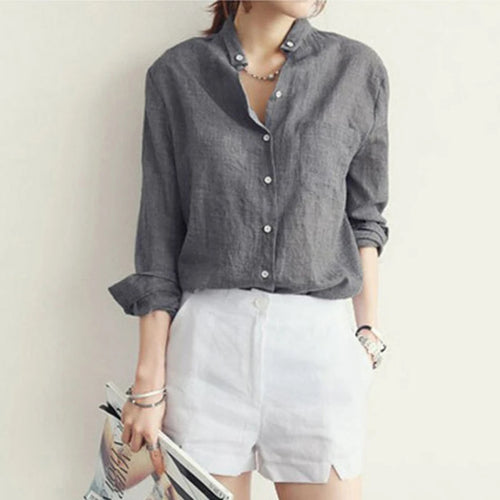 Women Autumn Korean Harjauku Solid Cotton and Linen Blouse Vintage