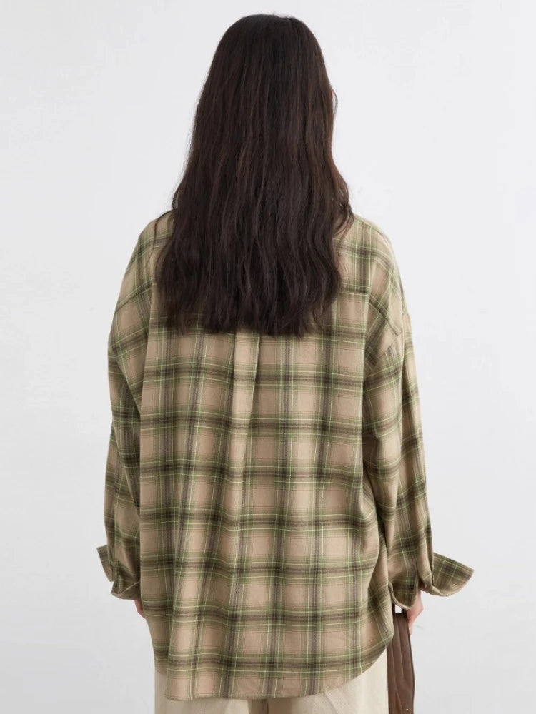 CHIC VEN Women Shirts Loose Casual New Sanding Plaid Shirt Long Sleeve